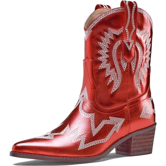 Shoes - Women's Red Embroidered Metallic Ankle Western Cowgirl Boots Pointed Toe
